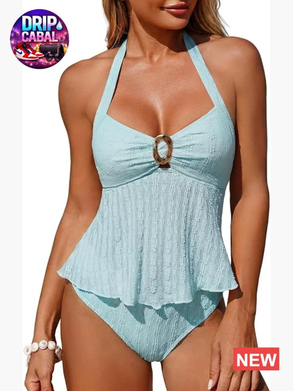 Halter Tankini Two Piece with O-Ring Cut Out Tummy Control Lace Swimsuits